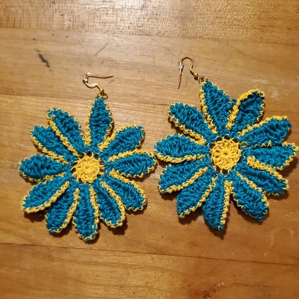 Vibrant Teal and Yellow Crochet Flower Earrings
